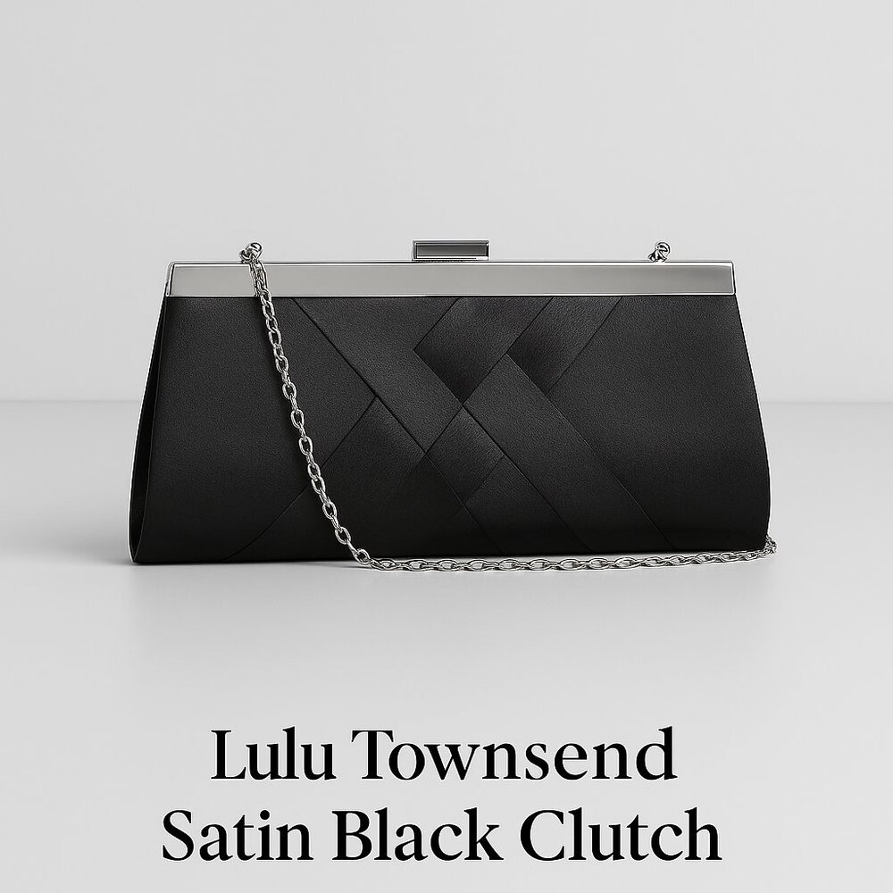 Lulu Townsend Black Satin Evening Clutch Purse with Chain Strap – Elegant Formal